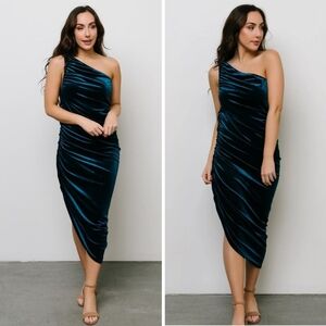 Baltic Born Teal Topaz Blue Ronnie Velvet One Shoulder Midi Dress Size Small